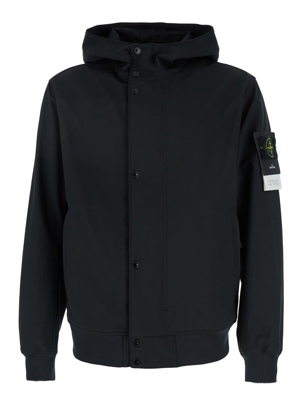 Black Jacket With Hood Buttons And Logo Patch On The Sleeve Tech Fabric Stretch Man Polyester Elastane