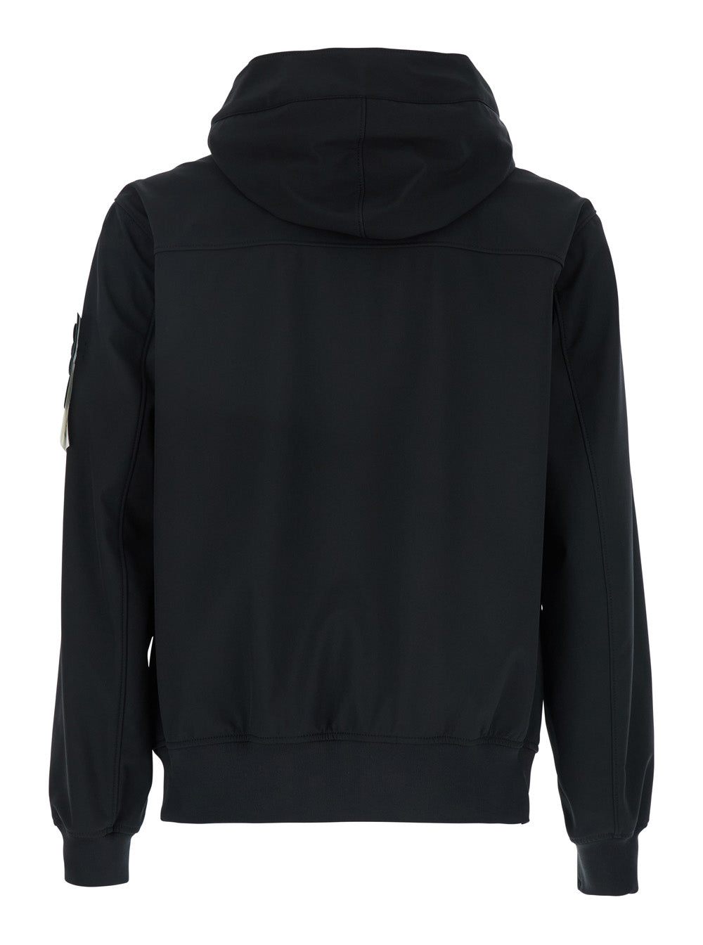 Black Jacket With Hood Buttons And Logo Patch On The Sleeve Tech Fabric Stretch Man Polyester Elastane