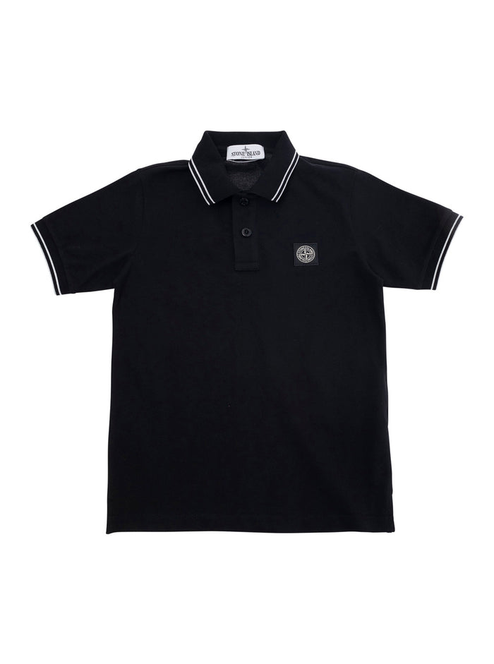 Black Polo Shirt With Classic Collar And Chest Logo Patch Cotton Boy Elastan Tshirts