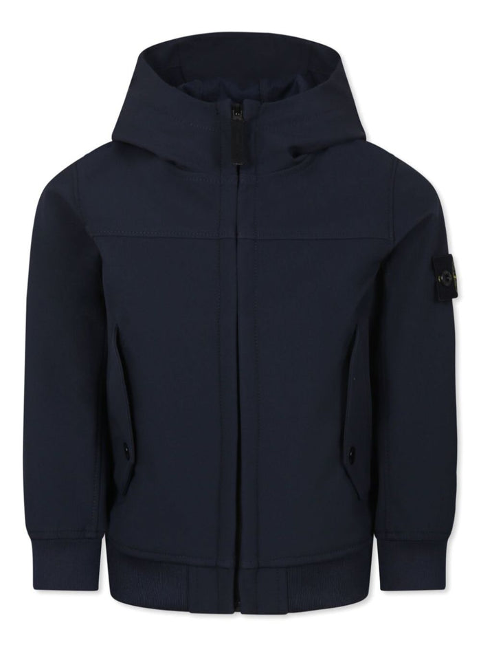 Blue Jacket With Fixed Hood And Logo Patch On The Sleeve Tech Fabric Stretch Boy Blu Polyester Elastan