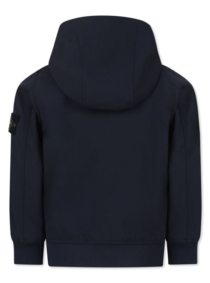 Blue Jacket With Fixed Hood And Logo Patch On The Sleeve Tech Fabric Stretch Boy Blu Polyester Elastan