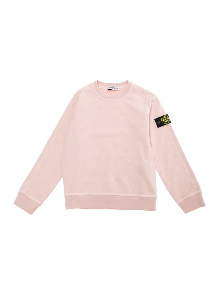 Pink Sweatshirt With Round Neck And Logo Patch On The Sleeve Cotton Boy Sweatshirts