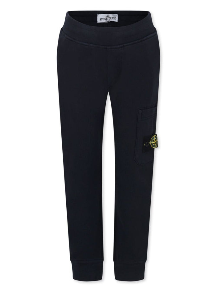 Blue Pants With Elastic And Logo Patch On The Pocket Cotton Boy Blu Trousers