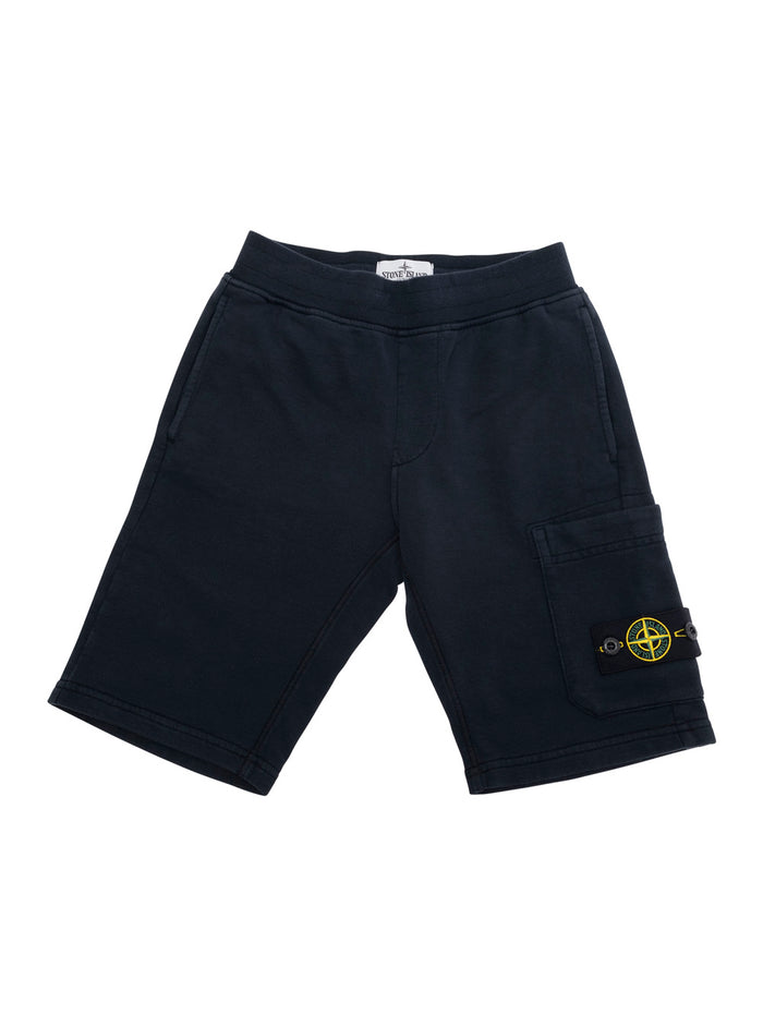 Blue Bermuda Pants With Elastic Waist And Logo Patch On The Front Cotton Boy Blu Shorts