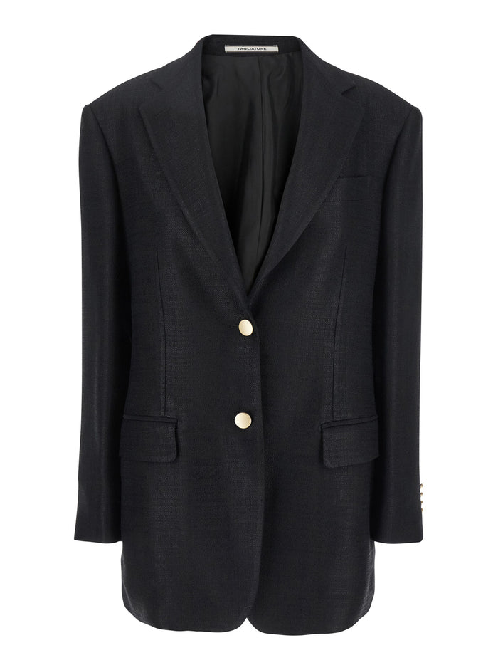 Black Jacket with Pointed Lapels and Front Pockets in Viscose Blend Woman Polyamide Blazers