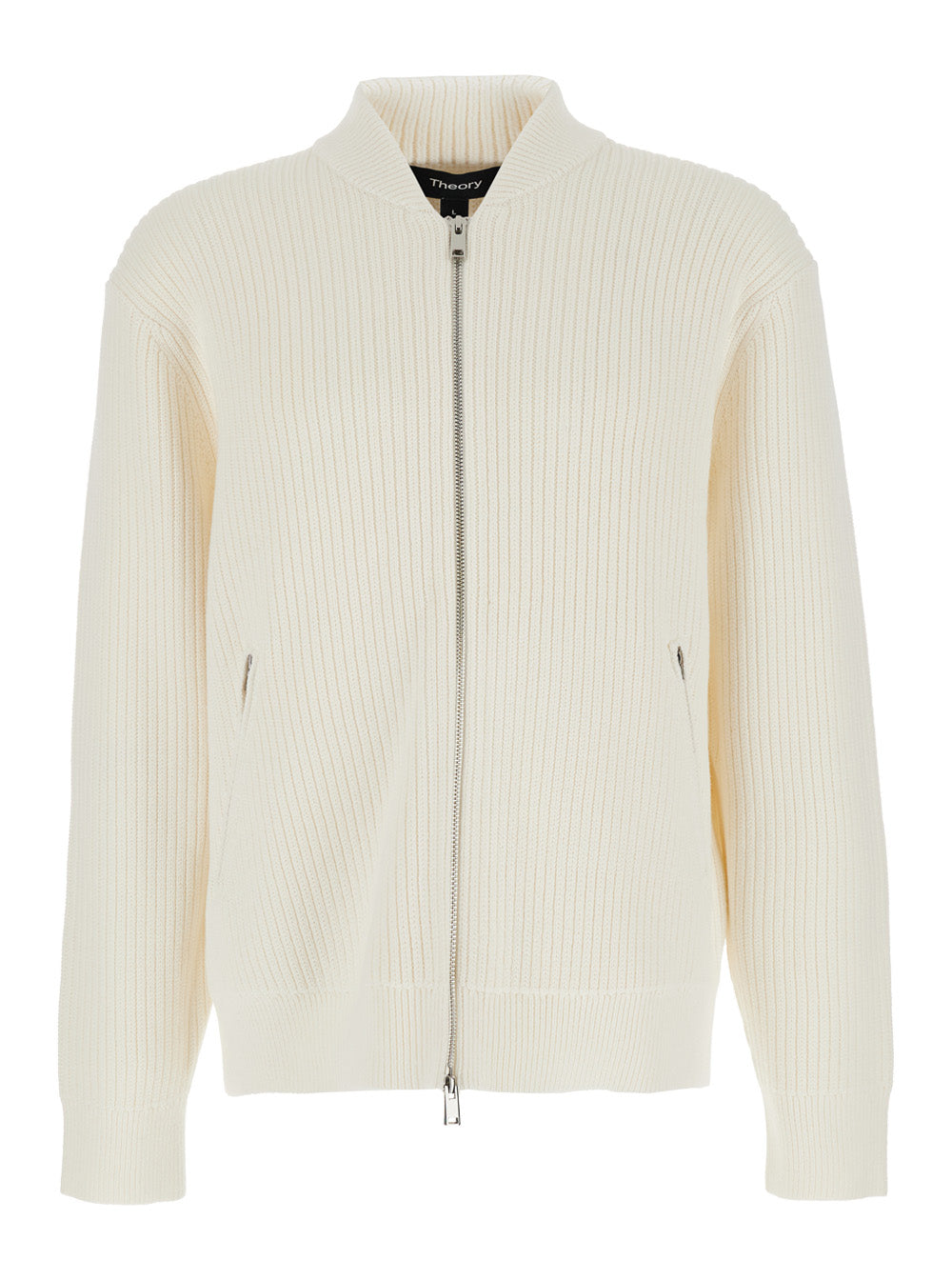 White Jacket With Mandarin Collar And Two Front Zipped Pockets Cotton Cashmere Blend Man