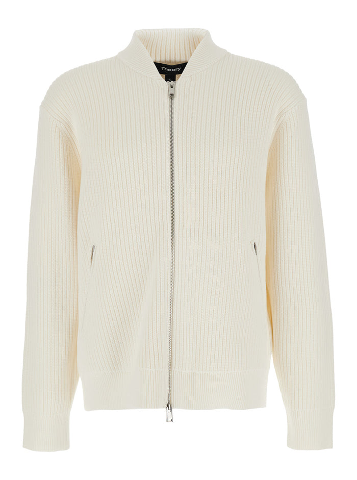 White Jacket With Mandarin Collar And Two Front Zipped Pockets Cotton Cashmere Blend Man