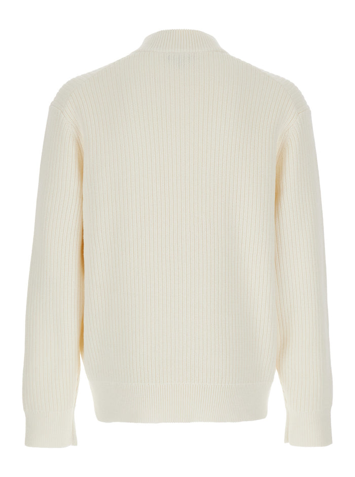 White Jacket With Mandarin Collar And Two Front Zipped Pockets Cotton Cashmere Blend Man