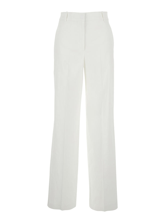White High Waisted Pants With Crinkled Effect Linen And Viscose Stretch Blend Woman Elastane Trousers