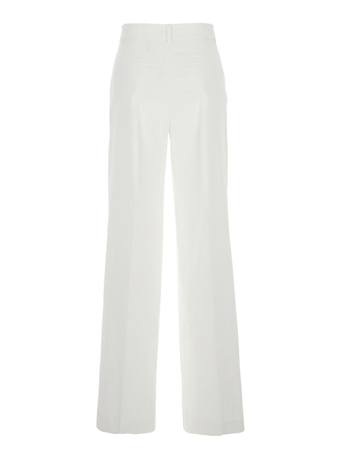 White High Waisted Pants With Crinkled Effect Linen And Viscose Stretch Blend Woman Elastane Trousers