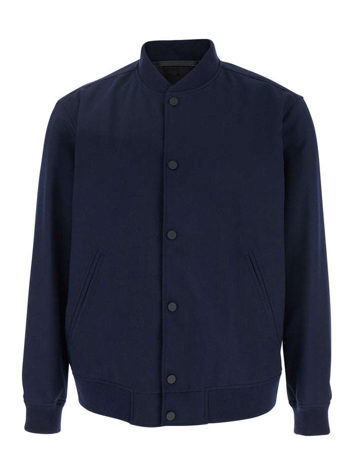 Blue Bomber Jacket With Snap Button Closure Wool Blend Man Blu
