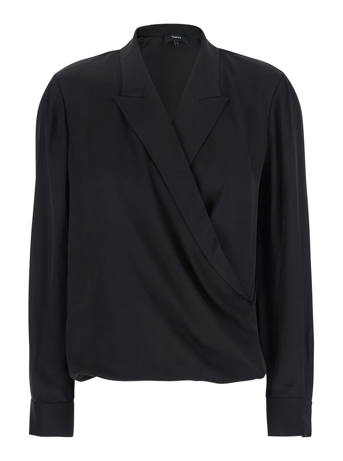 Black Blouse With Peak Revers And Crossover Neck Silk Woman Shirts Blouses
