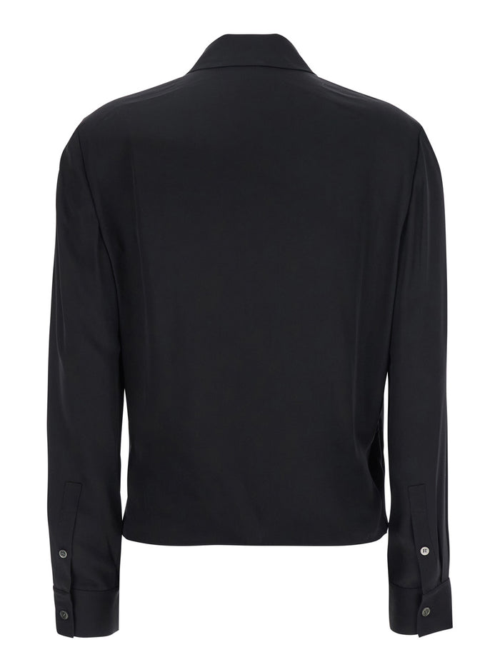 Black Blouse With Peak Revers And Crossover Neck Silk Woman Shirts Blouses