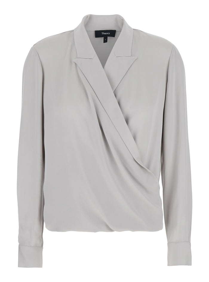 Metallic Blouse With Peak Revers And Crossover Neck Silk Woman Shirts Blouses