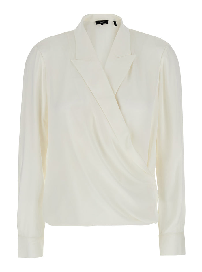 White Blouse With Peak Revers And Crossover Neck Silk Woman Shirts Blouses