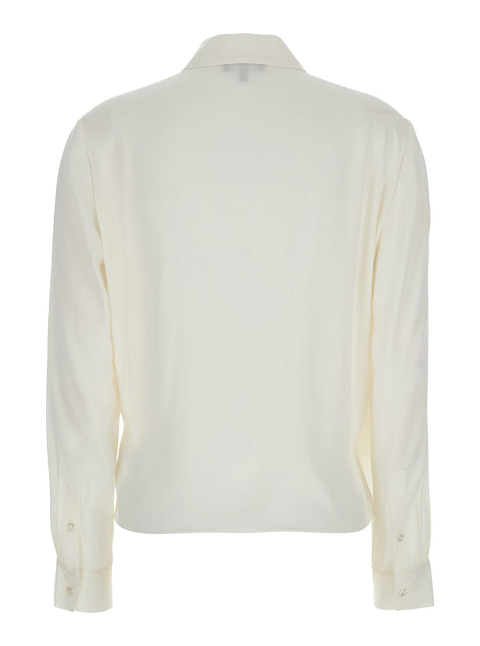 White Blouse With Peak Revers And Crossover Neck Silk Woman Shirts Blouses