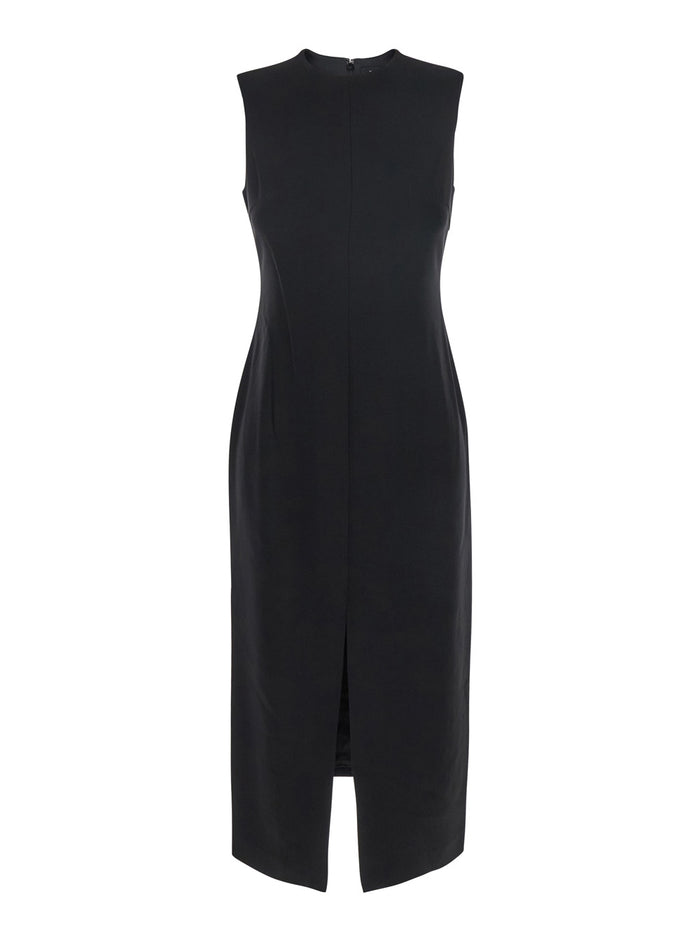 Black Sleeveless Dress With Round Neck And Front Single Slit Tech Fabric Woman