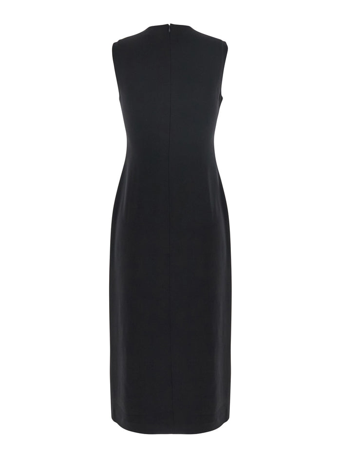Black Sleeveless Dress With Round Neck And Front Single Slit Tech Fabric Woman