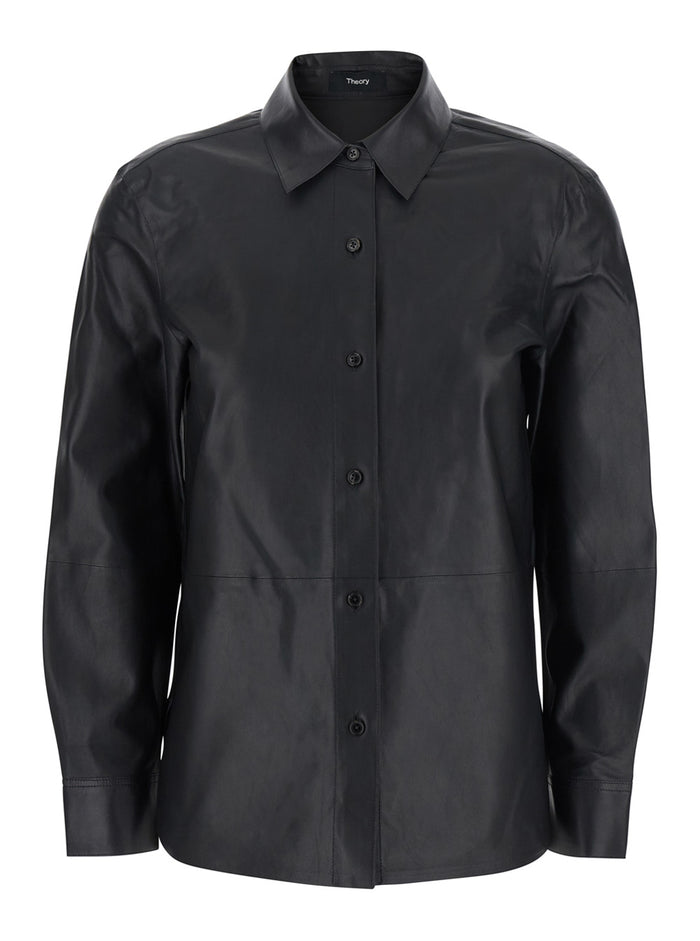 Black Jacket With Classic Collar And Front Button Closure Leather Woman Lamb