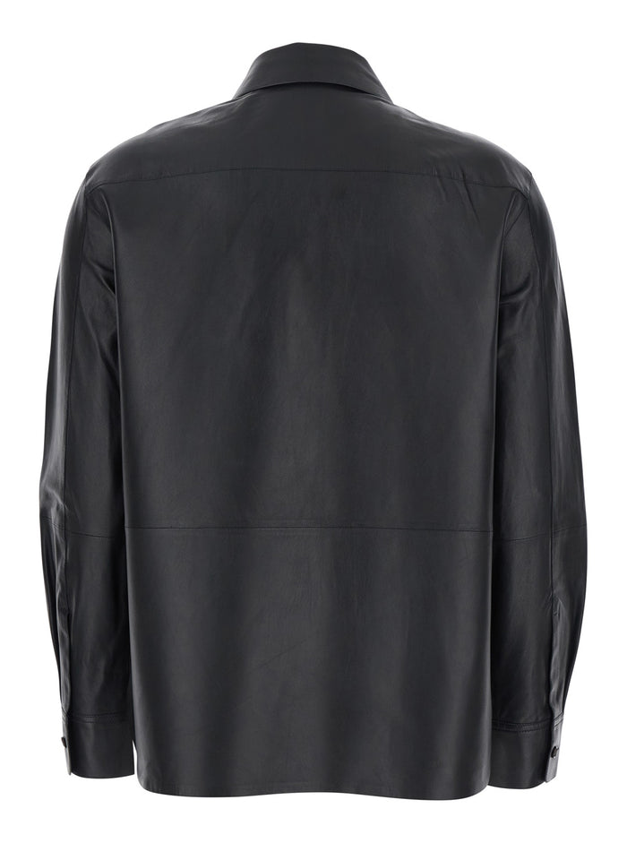 Black Jacket With Classic Collar And Front Button Closure Leather Woman Lamb