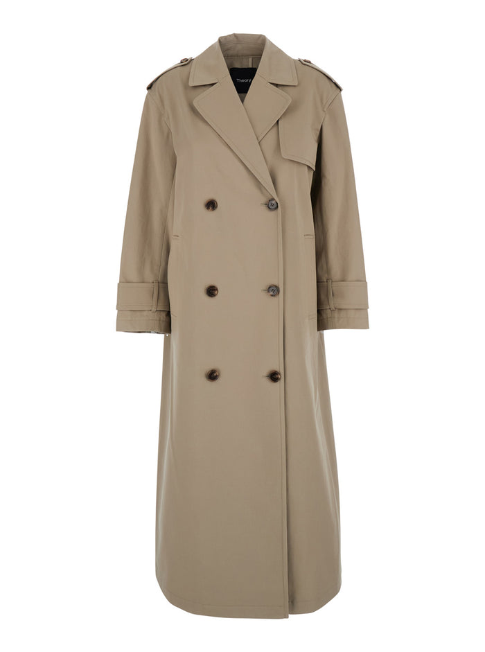 Beige Double-Breasted Trench Coat With Notched Revers And Shoulder Pads Cotton Stretch Woman Elastane