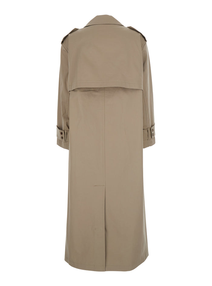 Beige Double-Breasted Trench Coat With Notched Revers And Shoulder Pads Cotton Stretch Woman Elastane