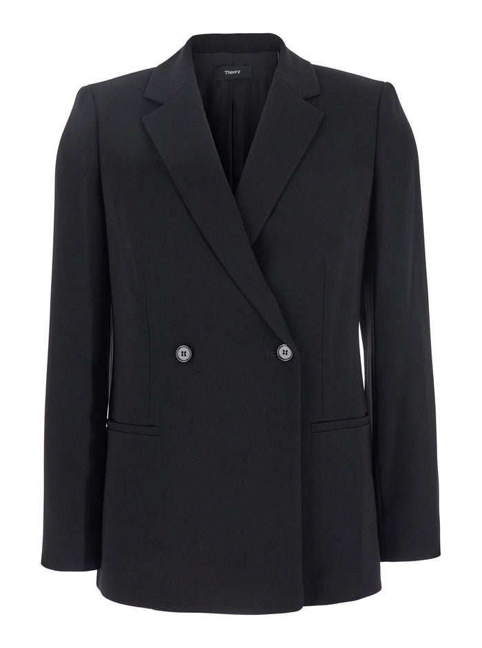 Black Double Breasted Jacket With Shoulder Pads Tech Fabric Woman Triacetate Polyester Blazers