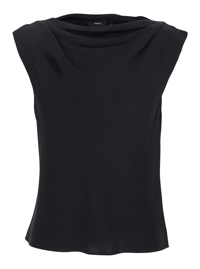 Black Crewneck Top With Ruched Details On The Front Silk Woman Tops