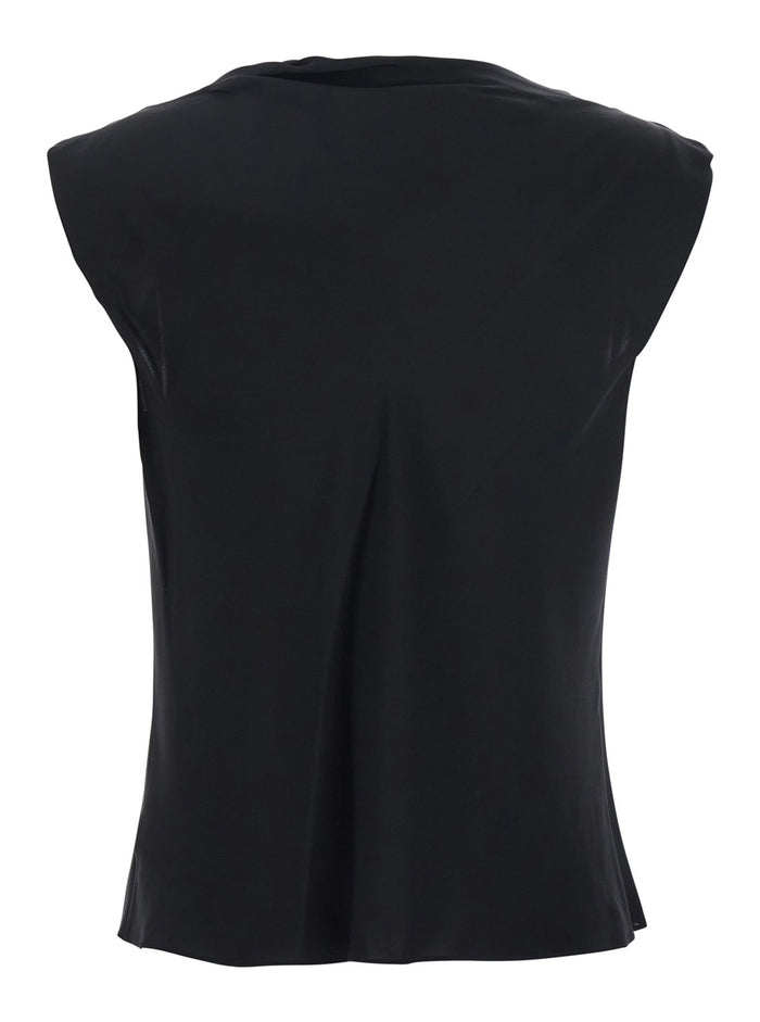 Black Crewneck Top With Ruched Details On The Front Silk Woman Tops