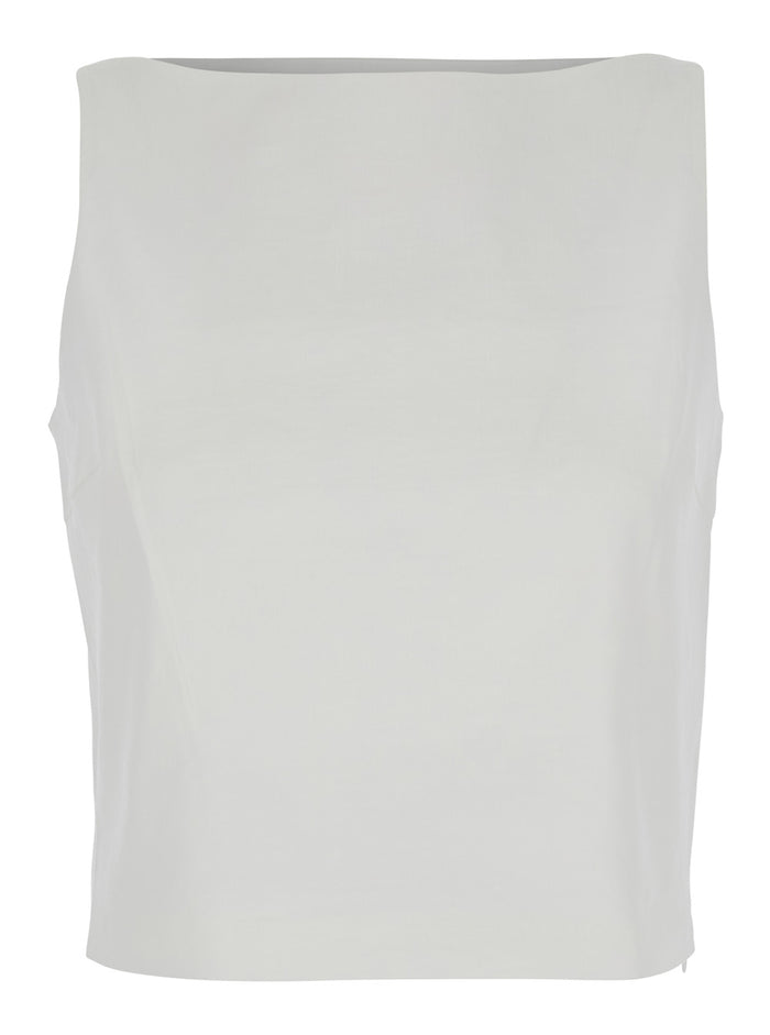 White Top With Boat Neckline And Pences Linen Blend Woman Viscose Elastane Tops