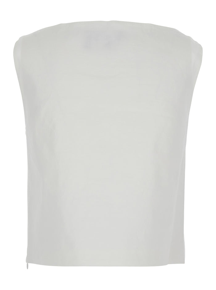 White Top With Boat Neckline And Pences Linen Blend Woman Viscose Elastane Tops