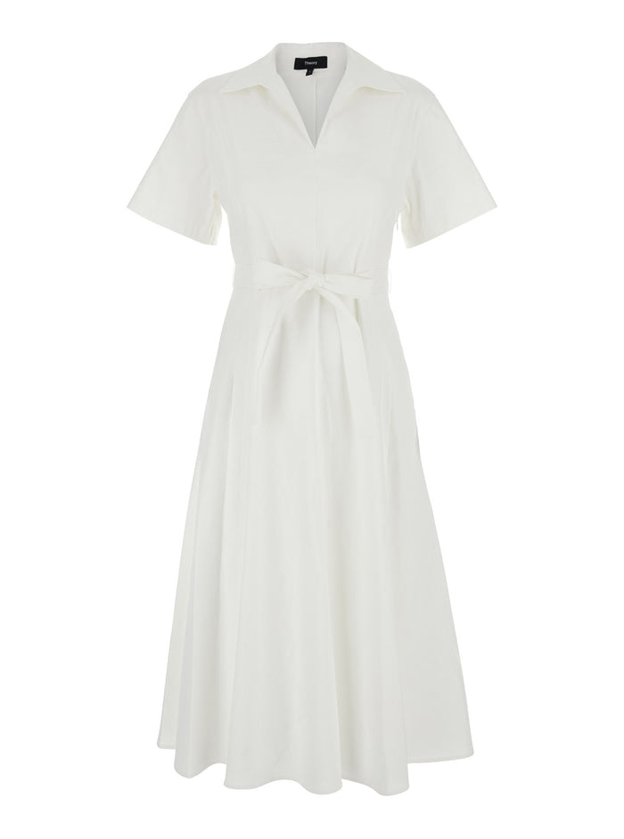 White Dress With French Collar And Removable Waist Belt Linen Blend Woman Viscose Elastane