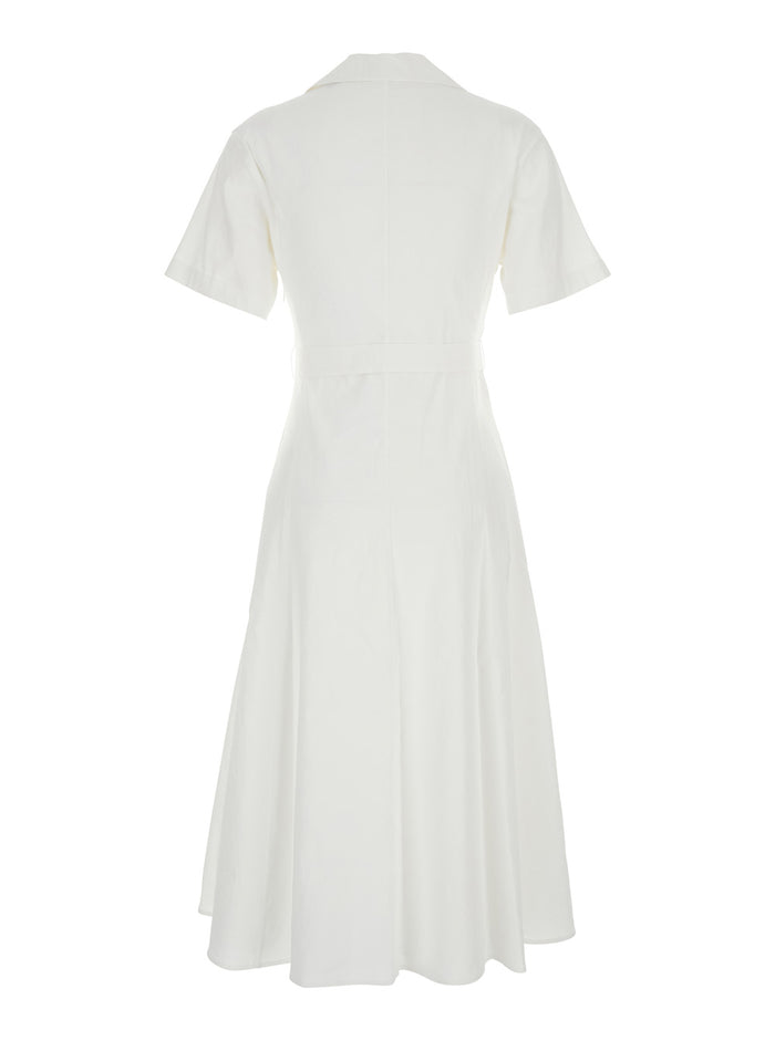 White Dress With French Collar And Removable Waist Belt Linen Blend Woman Viscose Elastane