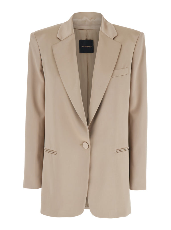 Beige Single-Breasted Jacket With Shoulder Pads Wool Blend Stretch Blazers