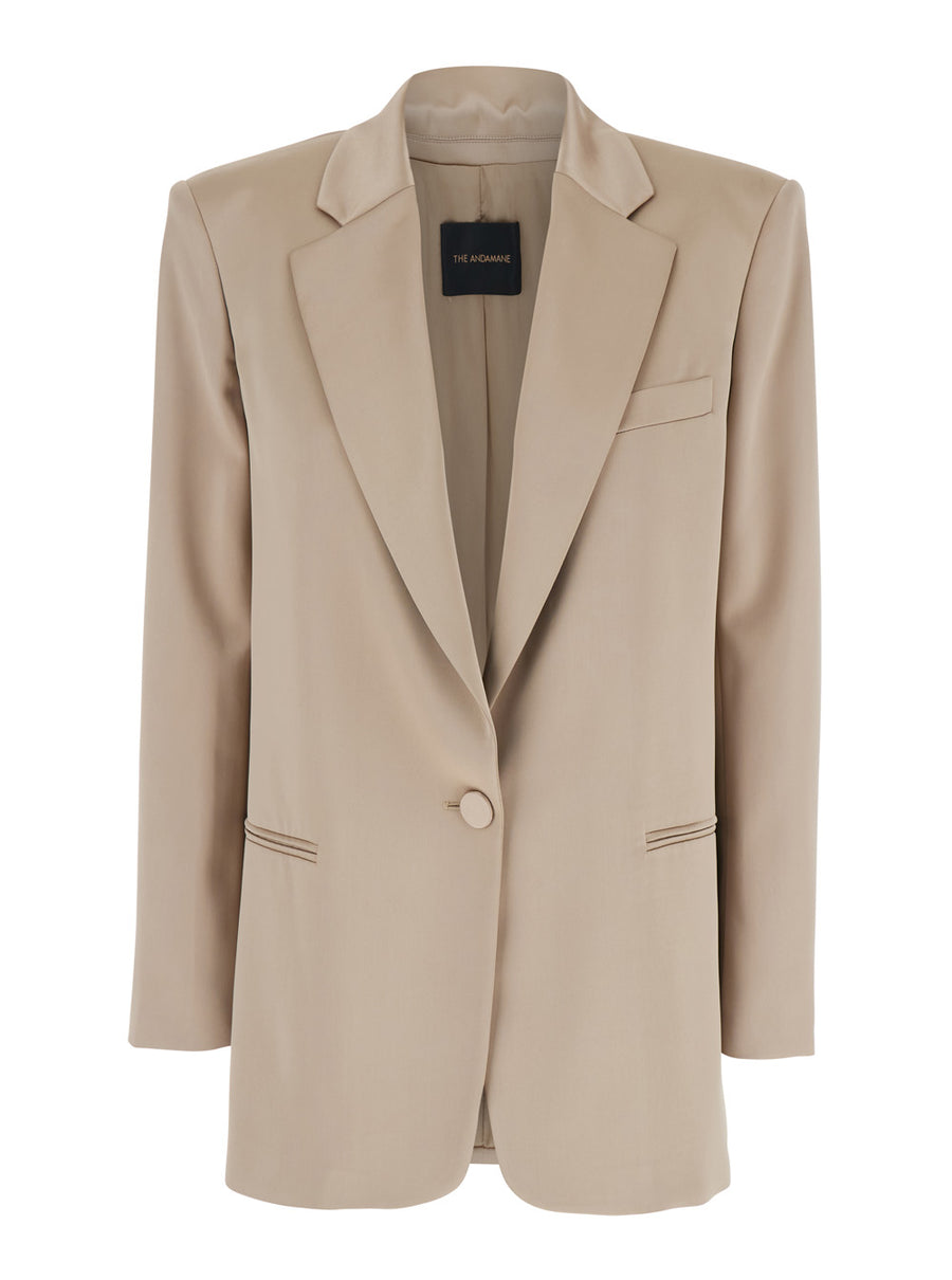 Beige Single-Breasted Jacket With Shoulder Pads Wool Blend Stretch Blazers
