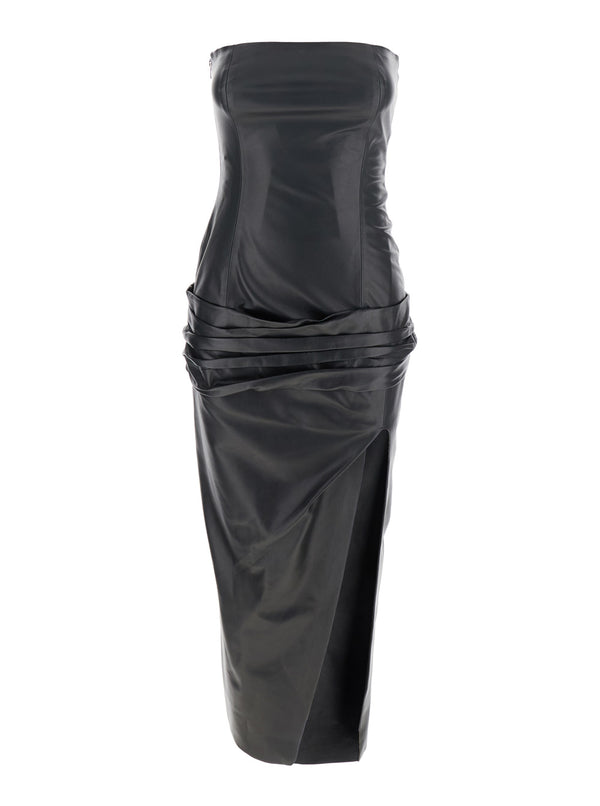 Black Off-Shoulder Leather Midi Dress Lamb