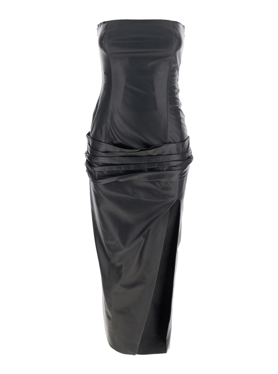 Black Off-Shoulder Leather Midi Dress Lamb