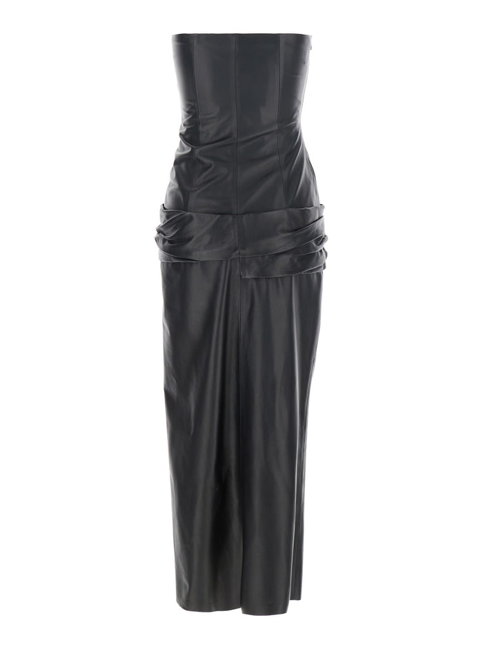 Black Sleeveless Off-Shoulder Midi Dress with Front Single Slit and Ruched Waist in Leather Woman Lamb