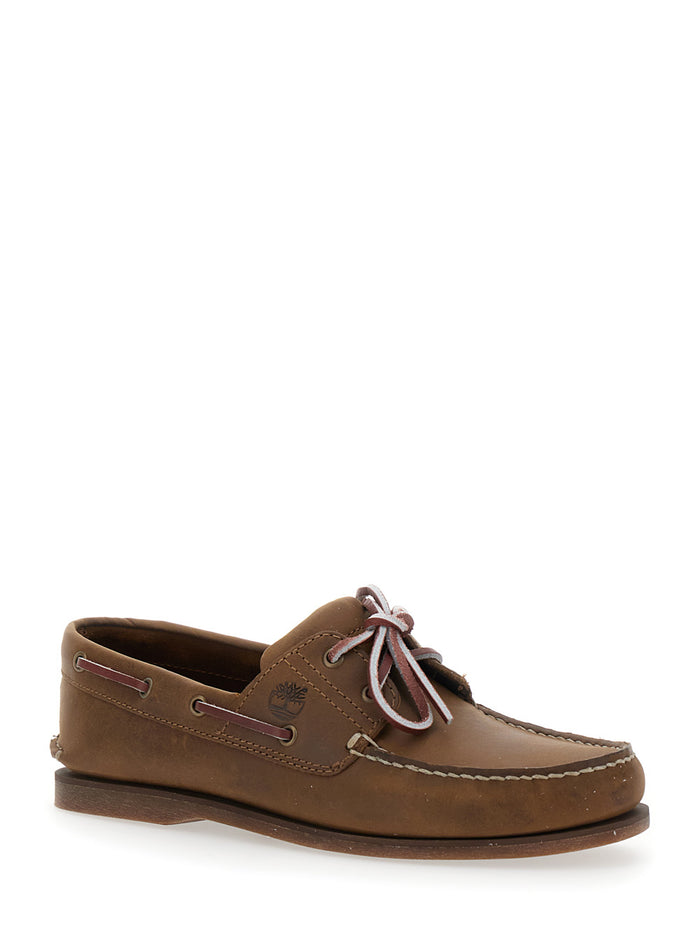 Brown Boat Loafers With Lace-Up Detail Leather Man