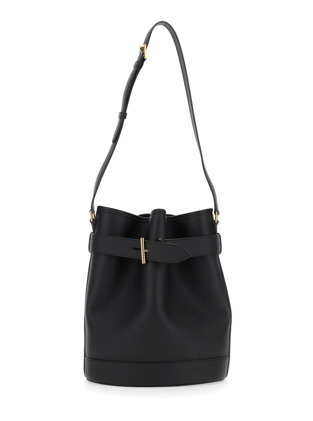 Black Medium Bucket Bag with Adjustable Shoulder Strap and Buckle Closure in Grained Leather Woman Calf