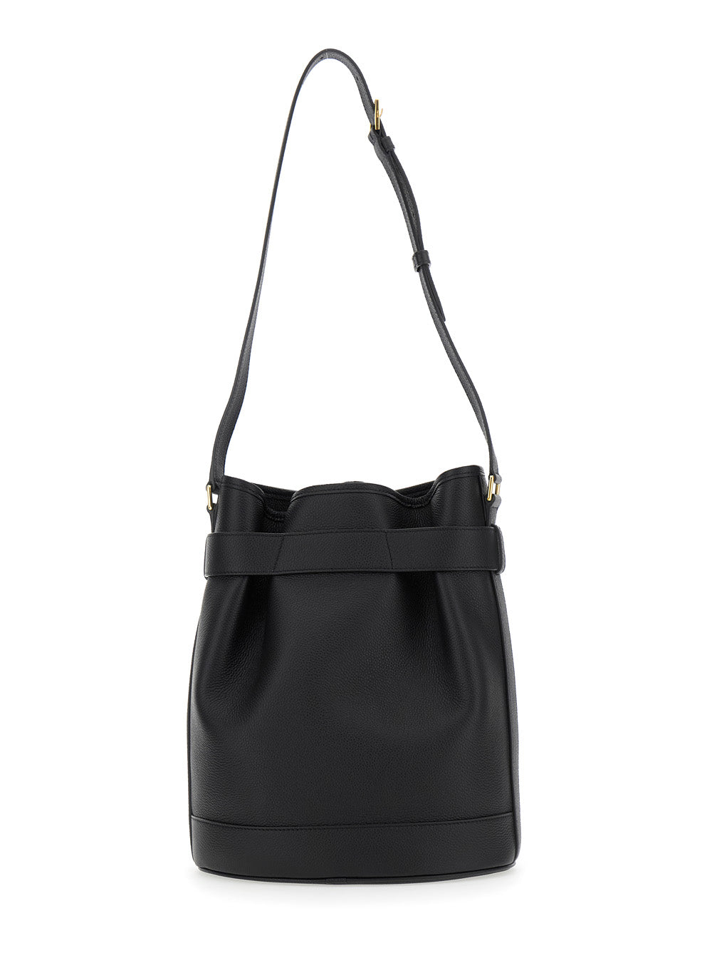 Black Medium Bucket Bag with Adjustable Shoulder Strap and Buckle Closure in Grained Leather Woman Calf