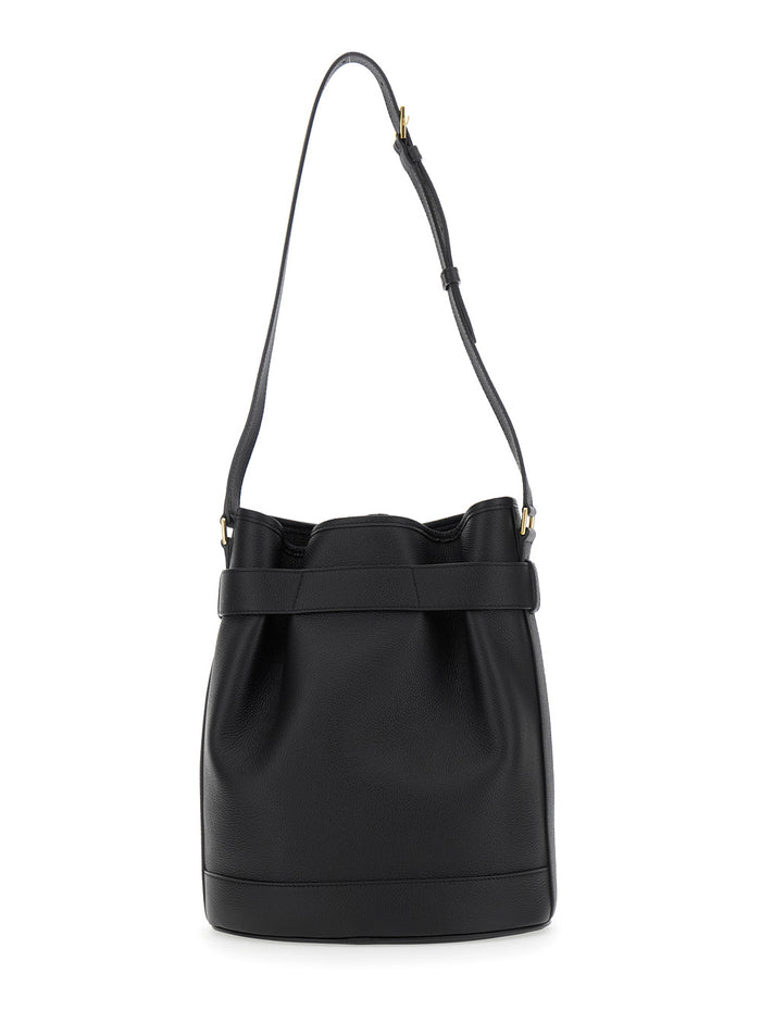 Black Medium Bucket Bag with Adjustable Shoulder Strap and Buckle Closure in Grained Leather Woman Calf