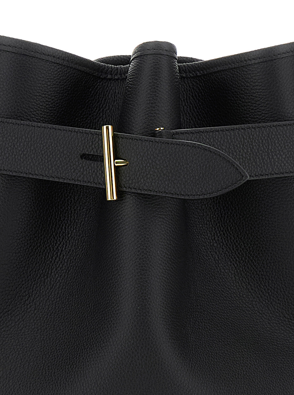 Black Medium Bucket Bag with Adjustable Shoulder Strap and Buckle Closure in Grained Leather Woman Calf
