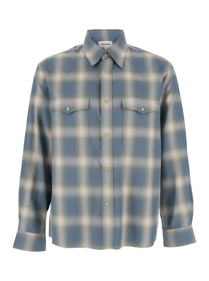 Light Blue Shirt With Classic Collar And All-Over Check Motif Cotton Blend Man Modal Blouses