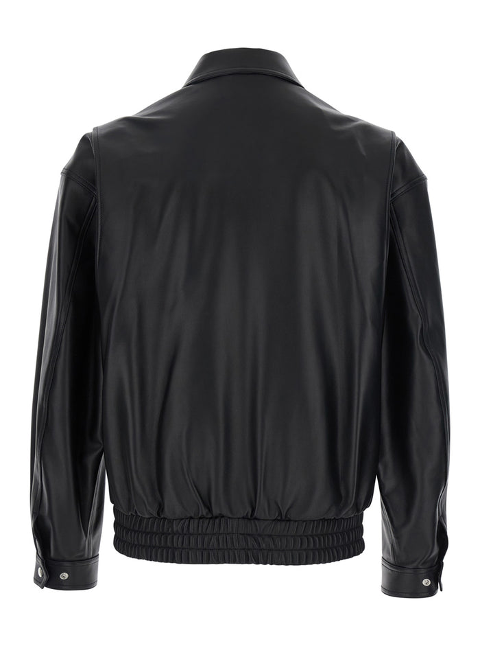 Black Jacket With Classic Collar And Elastic Waist Leather Man Lambskin
