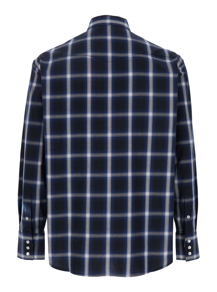 Blue Shirt with Classic Collar and All-Over Check Motif in Cotton Man Blu Blouses