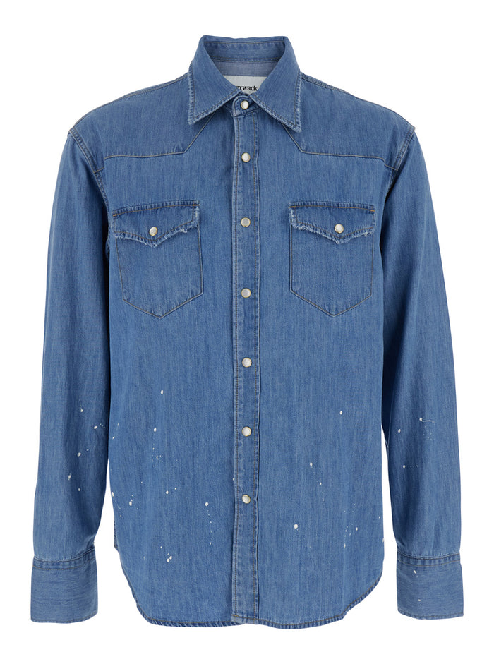 Light Blue Shirt with Classic Collar and All-Over Hand Painted Details in Denim Man Blu Cotton Blouses