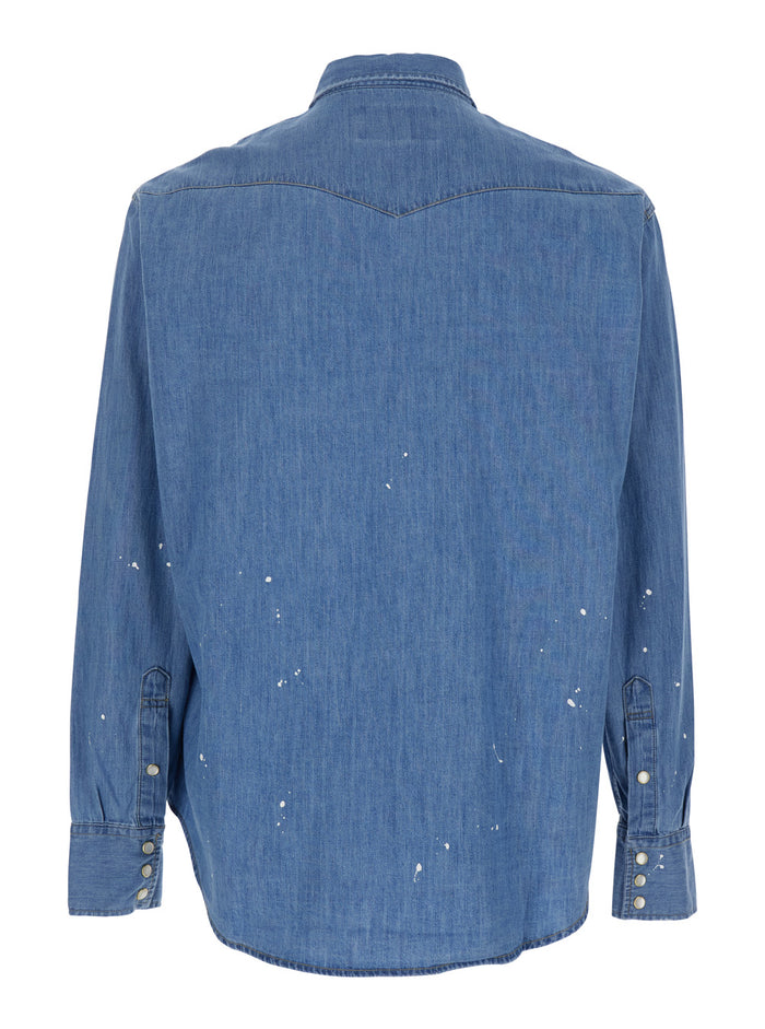 Light Blue Shirt with Classic Collar and All-Over Hand Painted Details in Denim Man Blu Cotton Blouses