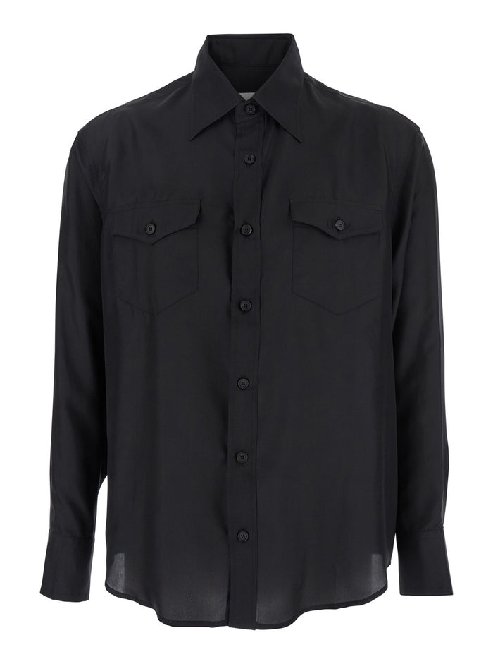 Black Shirt With Classic Collar And Two Front Patch Flap Pockets Button Silk Man Blouses