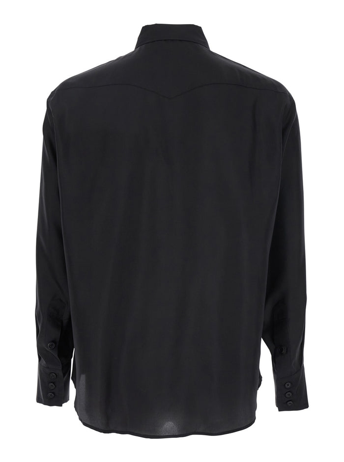 Black Shirt With Classic Collar And Two Front Patch Flap Pockets Button Silk Man Blouses